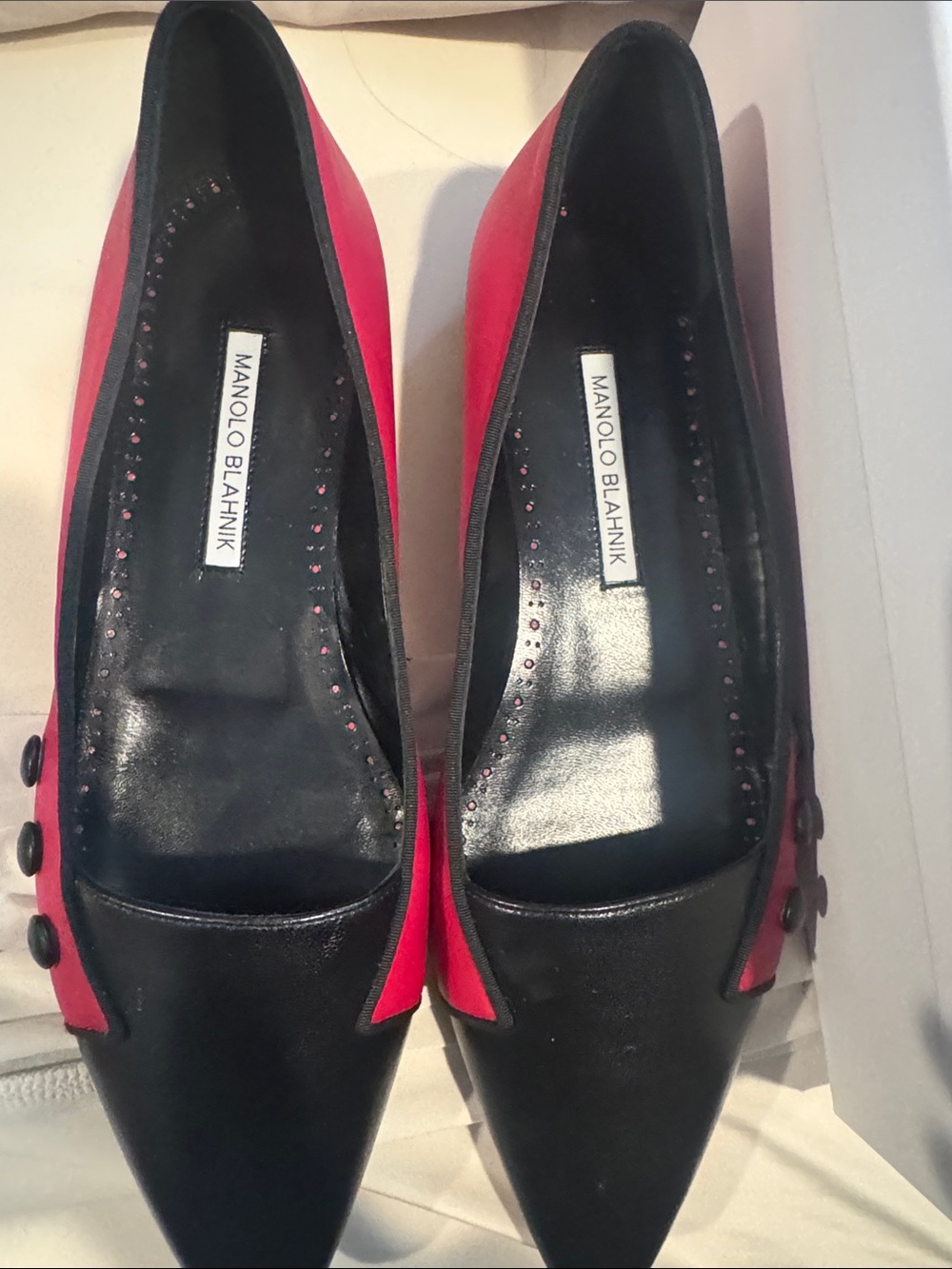 Manolo Blahnik Black and Pink Pointed Toe Flats with Side Buttons